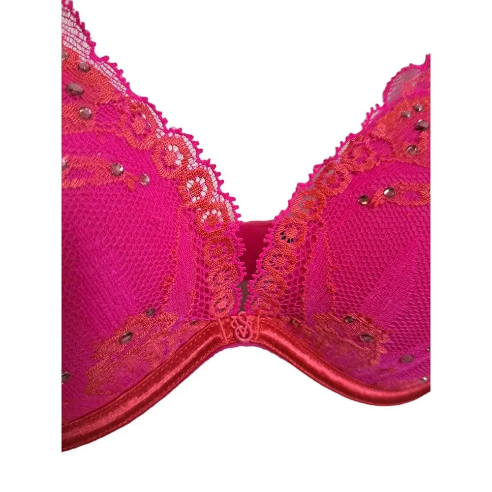 Victoria's Secret Sexy Little Things Pink Lace w/ Crystal's Push Up Size 34C